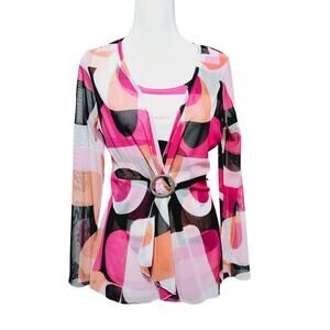 Nicola Abstract Geometric Cinched Waist Blouse Size M Pick Y2k Sheer Long Sleeve